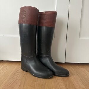 Tory Burch Black Rubber Rain Boots with Brown Leather Logo Collar Size 10B